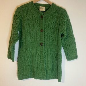 Kilronan Knitwear 100% Pure New Wool Cable Knit Cardigan Green Size XS